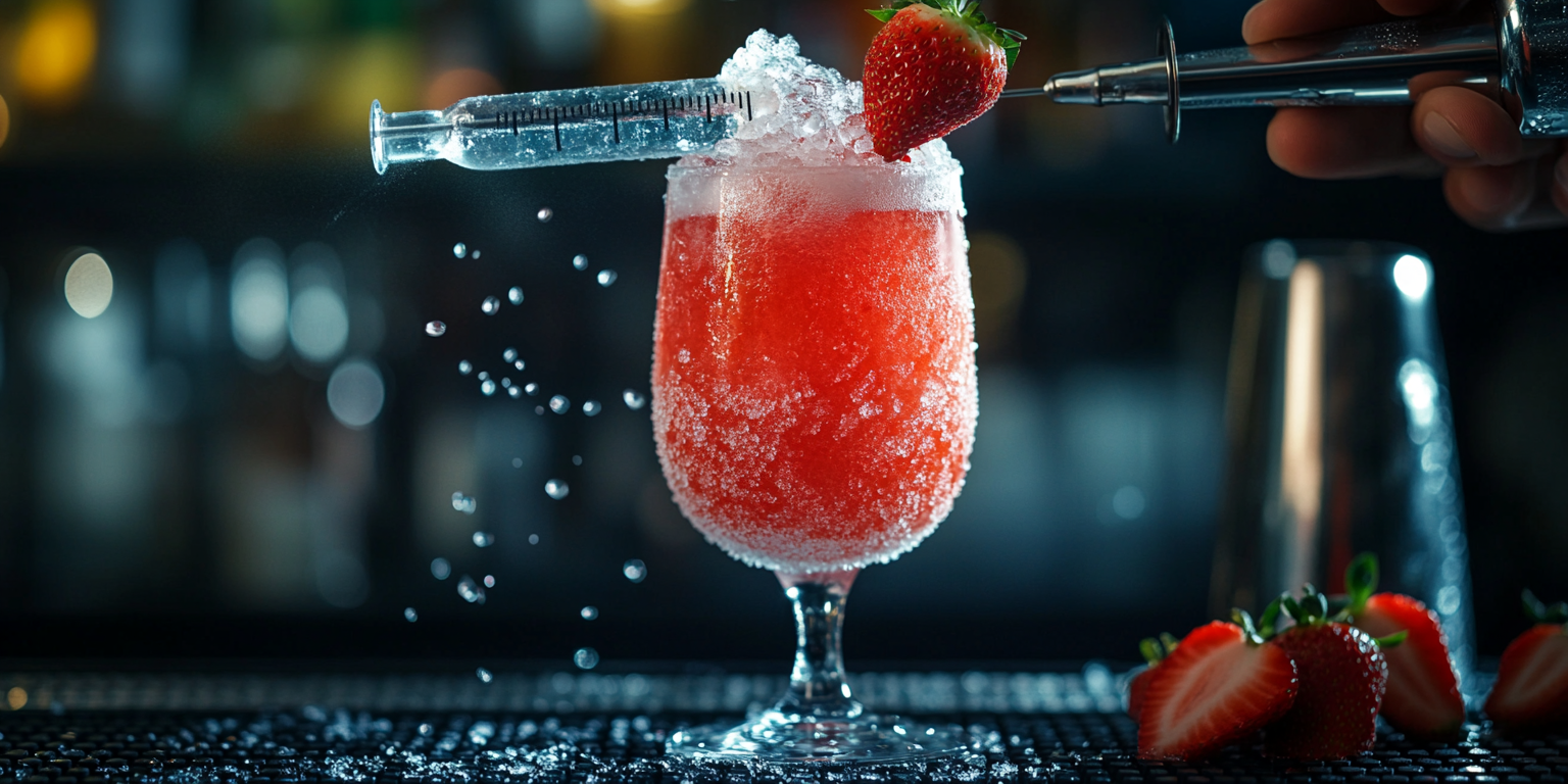 Syringe injecting red slushy into champagne glass, strawberry garnish.