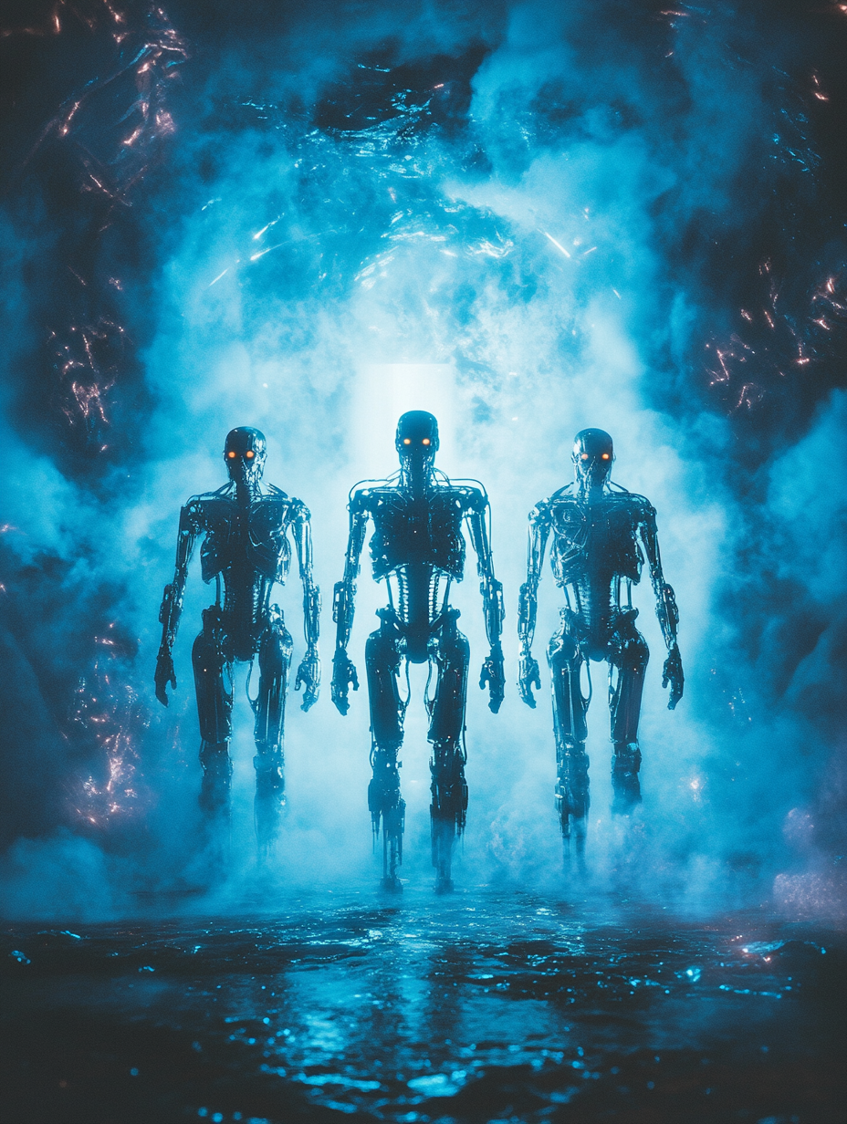 T-800 cyborgs at time portal with T-2 endoskeleton.