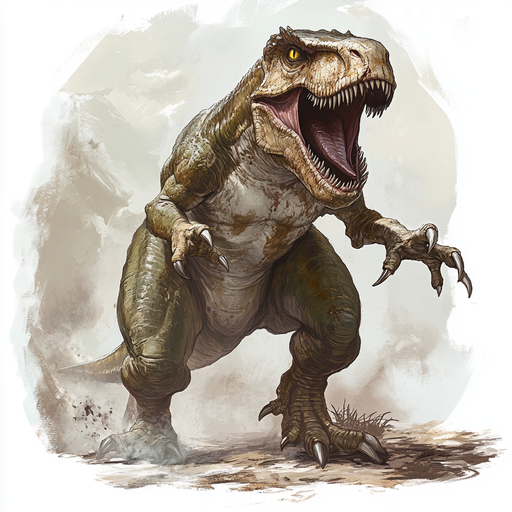 T-Rex monster with skull mask attacks prey in forest.