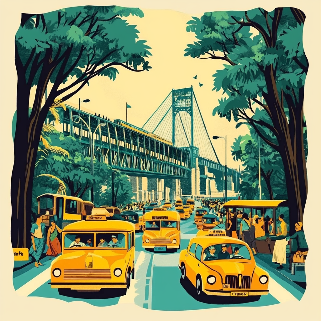 T-shirt design showcasing Kolkata with vibrant colors, landmarks.