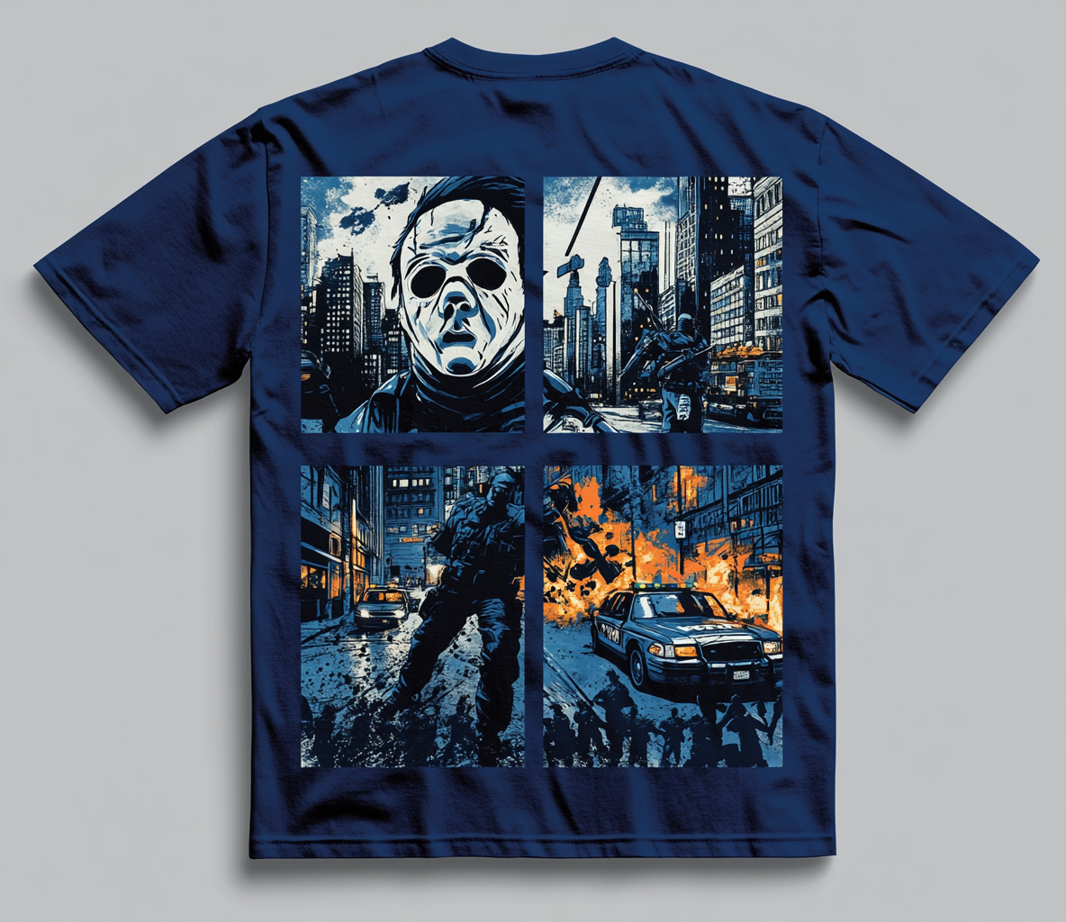 T-shirt design showing action movie characters in cityscape.