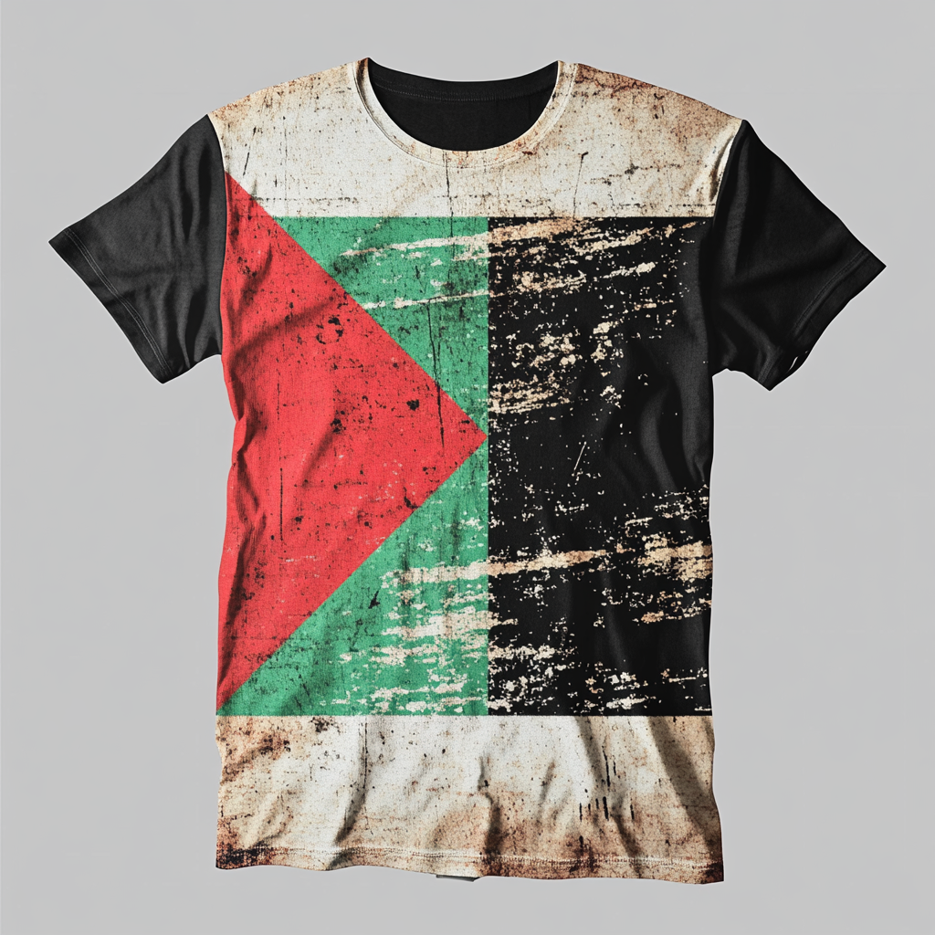 T-shirt design with large red triangle, green and black.