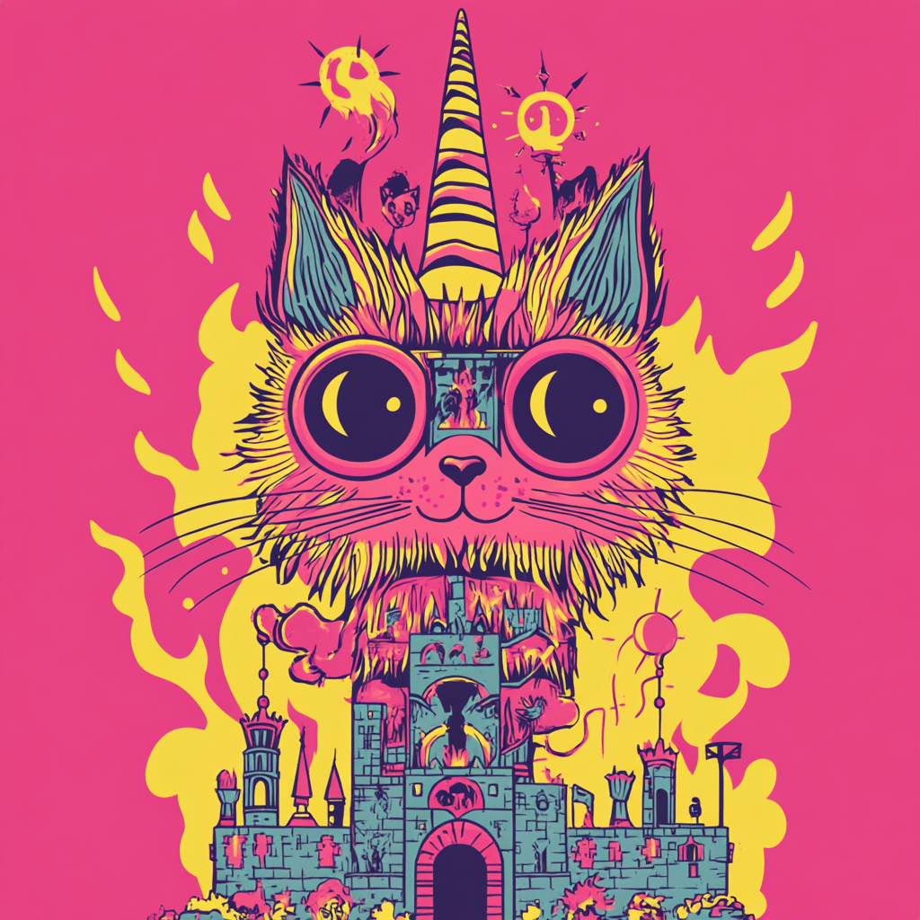 T-shirt design with unicorn cat, light pink, fire.