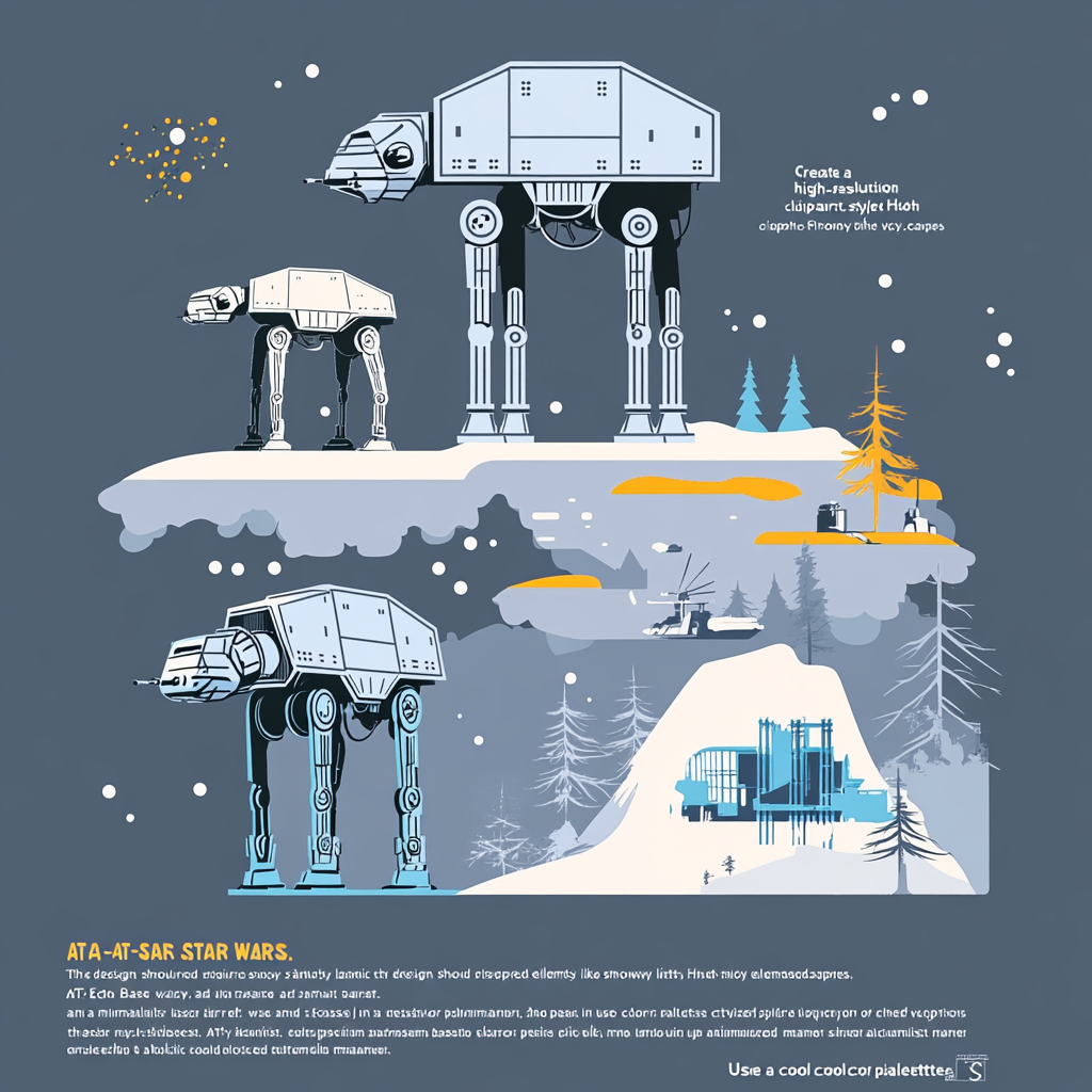 T-shirt graphic with snowy landscapes, AT-AT walkers, Echo Base.