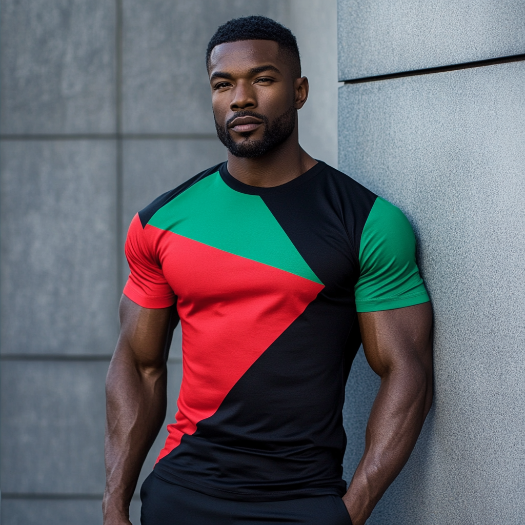 T-shirt with red triangle, green and black design. Bold colors on athletic man.