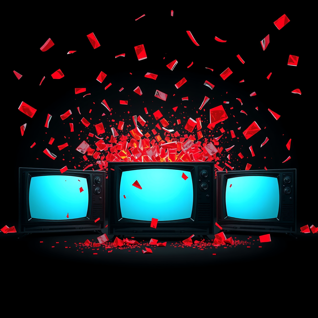 TV sets explode with red glass fragments on black.