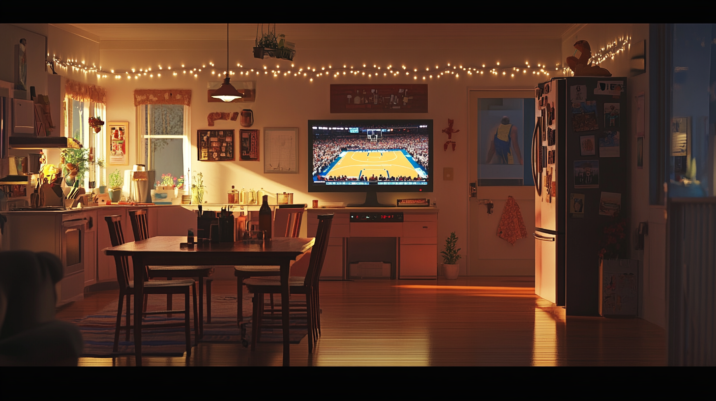 TV with basketball game on table in foreground.