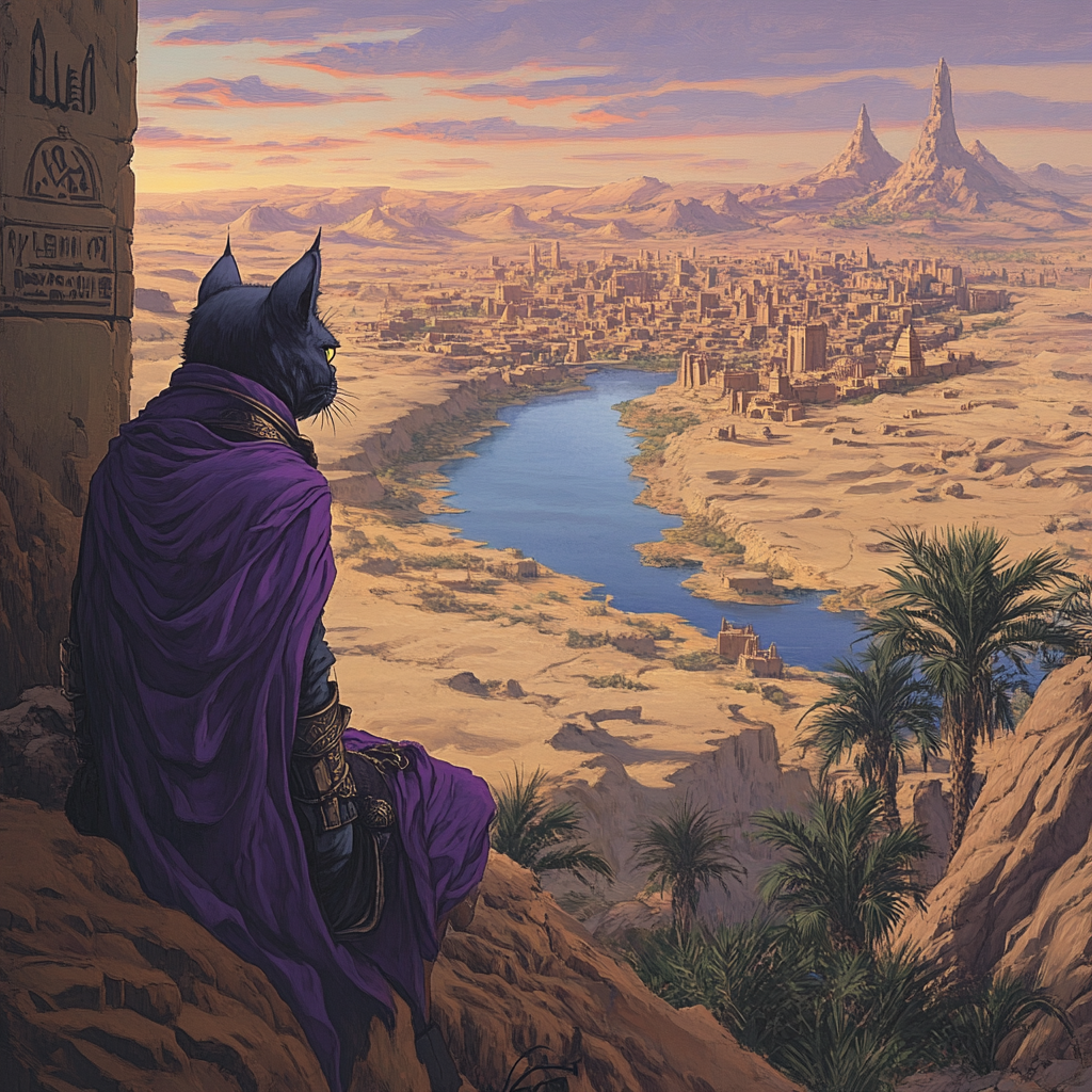 Tabaxi ranger in purple robe overlooking desert city. 