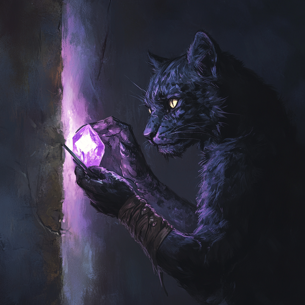 Tabaxi woman with scarred fur extracting a glowing crystal.