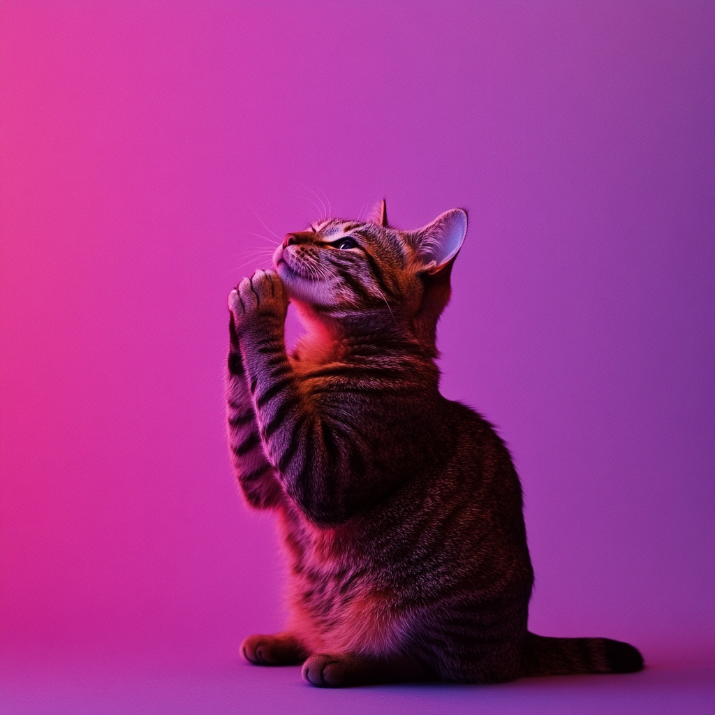 Tabby Cat Elegantly Cleaning Paw on Purple Background