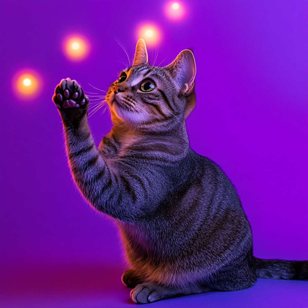 Tabby Cat Reaching for Object on Purple Background