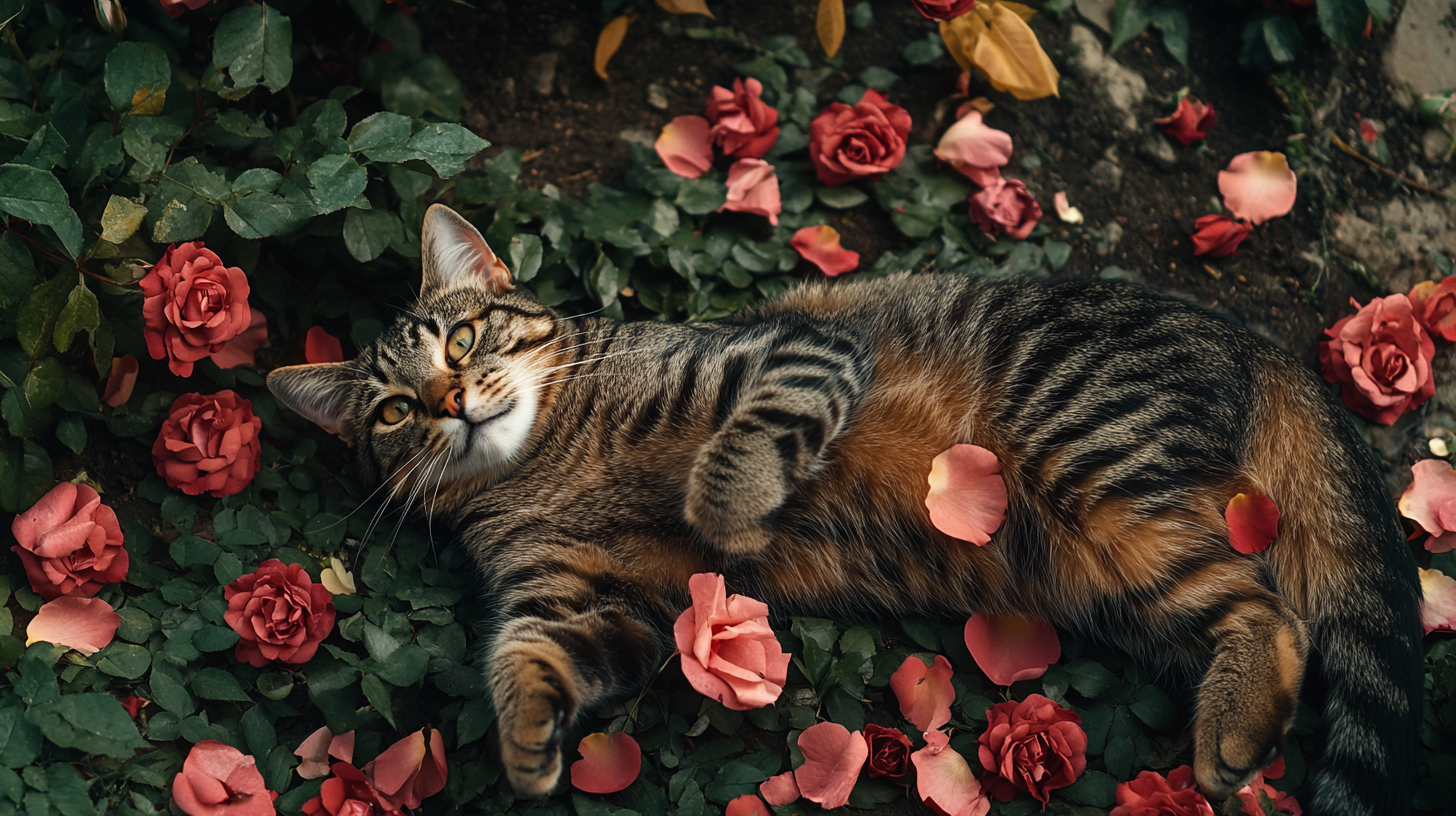 Tabby Cat Rests on Messy Rose Garden