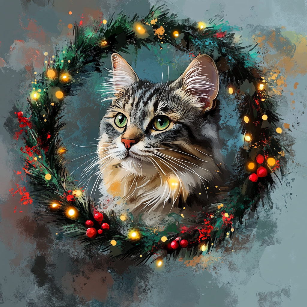 Tabby Cat in anime style painting with Christmas decorations