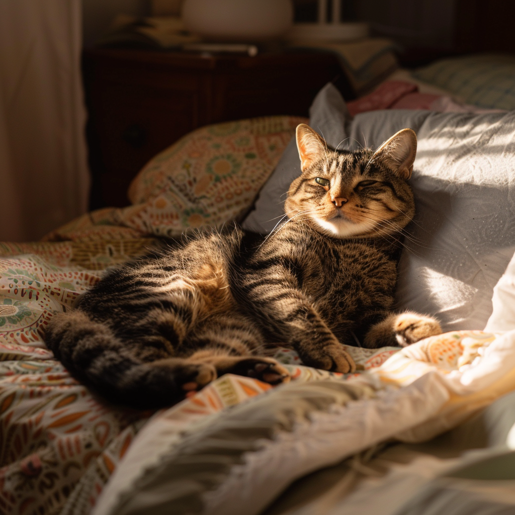 Tabby cat napping in sunbeam, cozy bedroom scene.