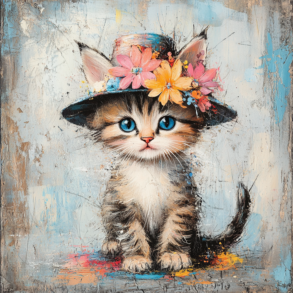 Tabby kitten in hat with flowers, torn paper pieces; art with pastel colors and grunge.