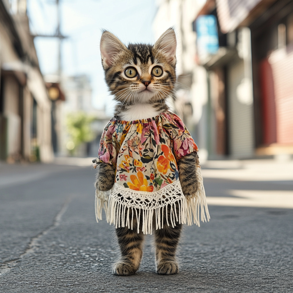 Tabby kitten in vintage Ukrainian outfit on city street.