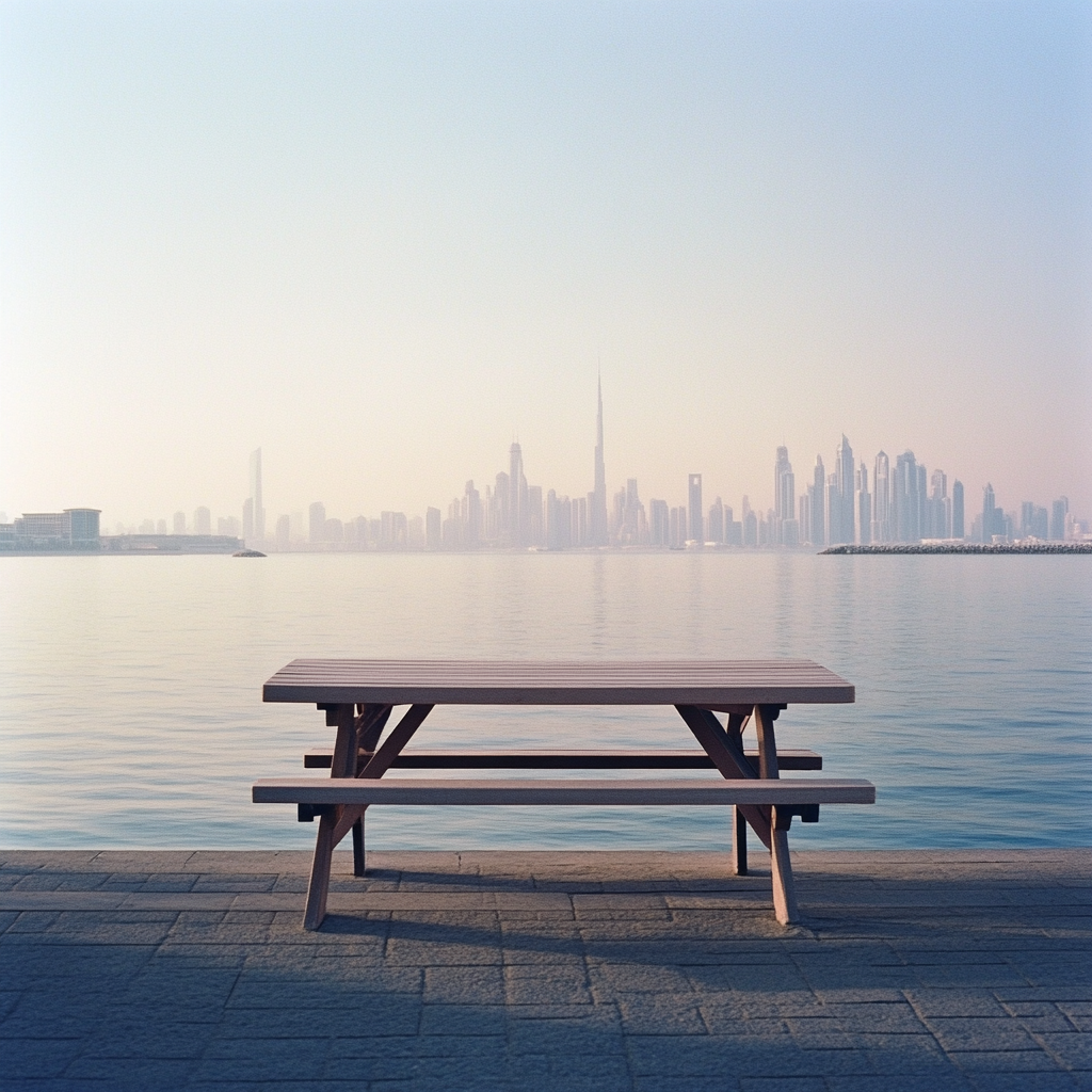 Table by Dubai's Marine Drive with skyline view