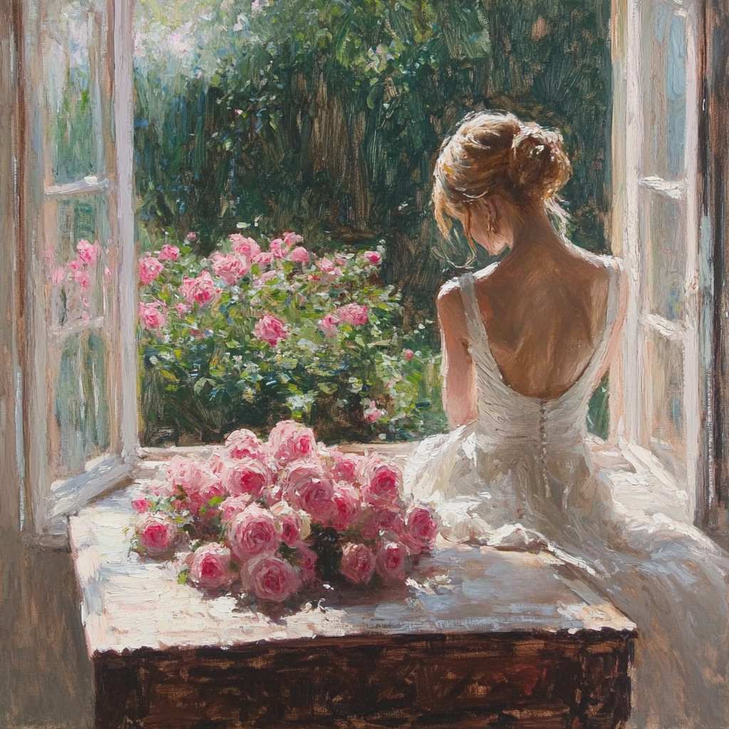 Table of pink roses in front of window, woman.