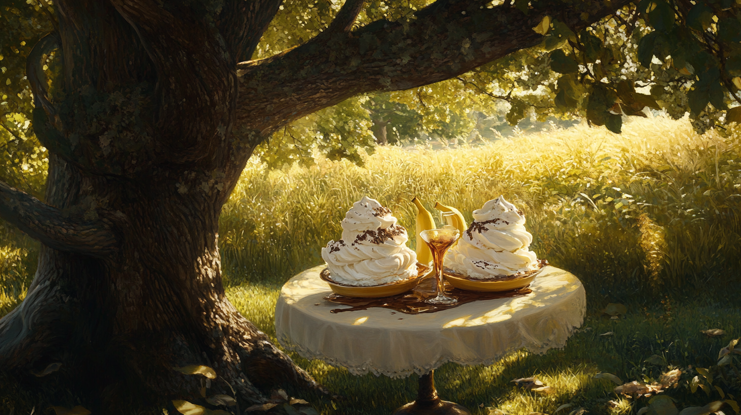 Table with banana splits under shady tree, serene atmosphere.