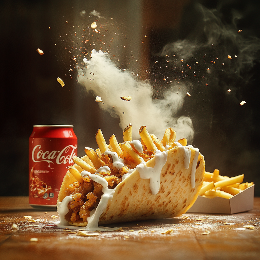 Taco sandwich with chicken, fries, white sauce, and smoke.