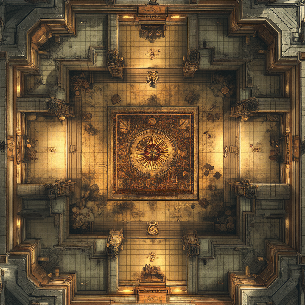 Tactical map of guild hall with sigil mosaic