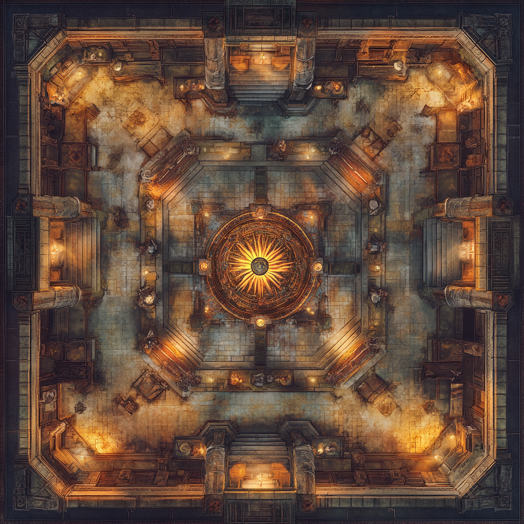 Tactical map of medieval guild Great Hall detailing features.