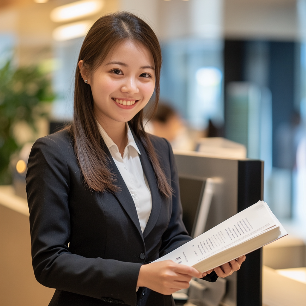 Taiwanese female banking employees at counter offering low-interest loans 