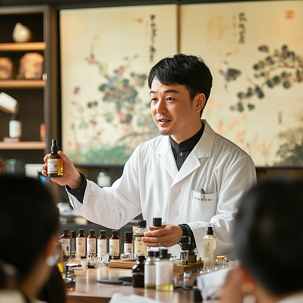 Taiwanese fragrance instructor teaching students blending perfumes professionally.