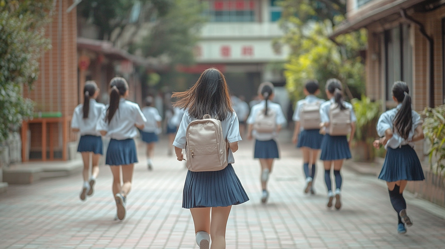 Taiwanese high school courtyard students running and playing