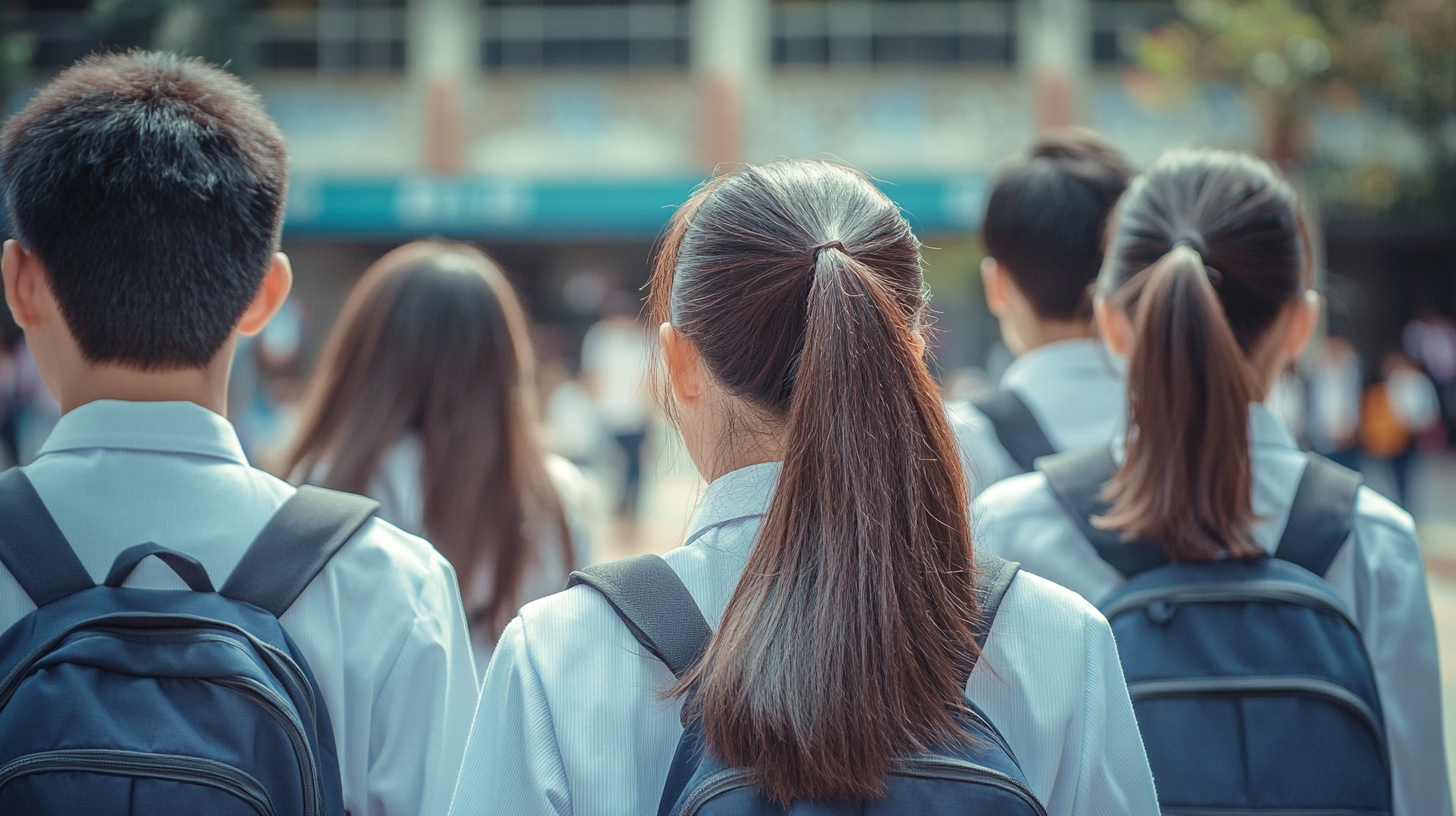 Taiwanese high school courtyard with chatting students