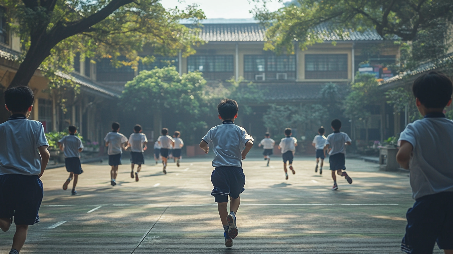 Taiwanese high school courtyard with students playing – AR 16:9