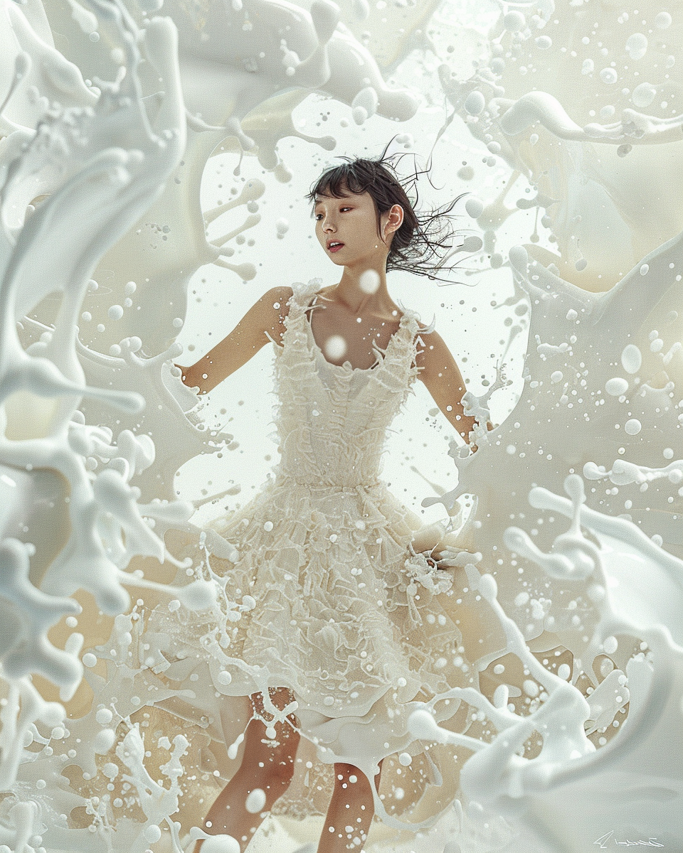 Taiwanese lady in milk dress, surreal fashion aesthetics.