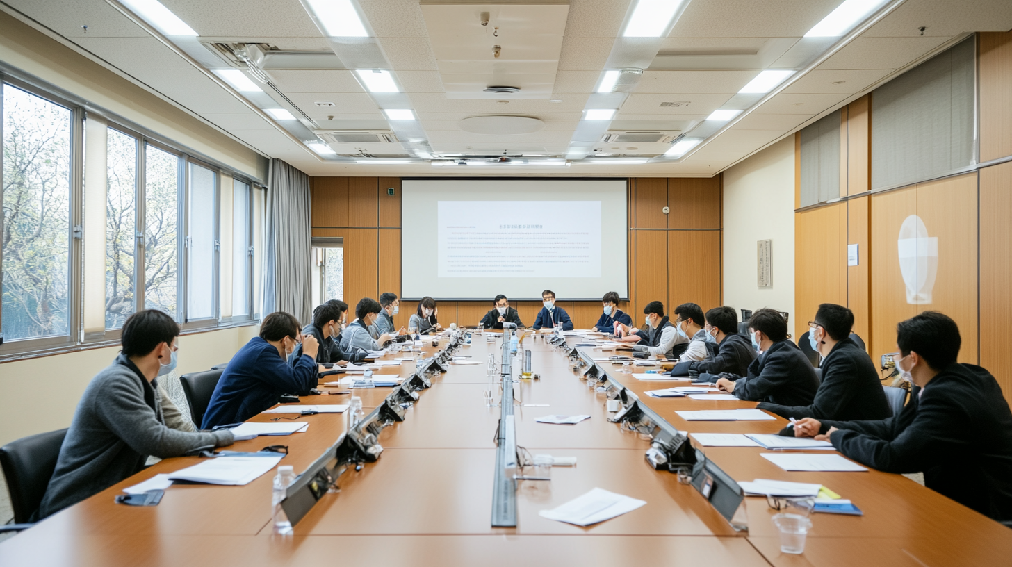 Taiwanese school campus conference room with teachers in formal attire discussing documents