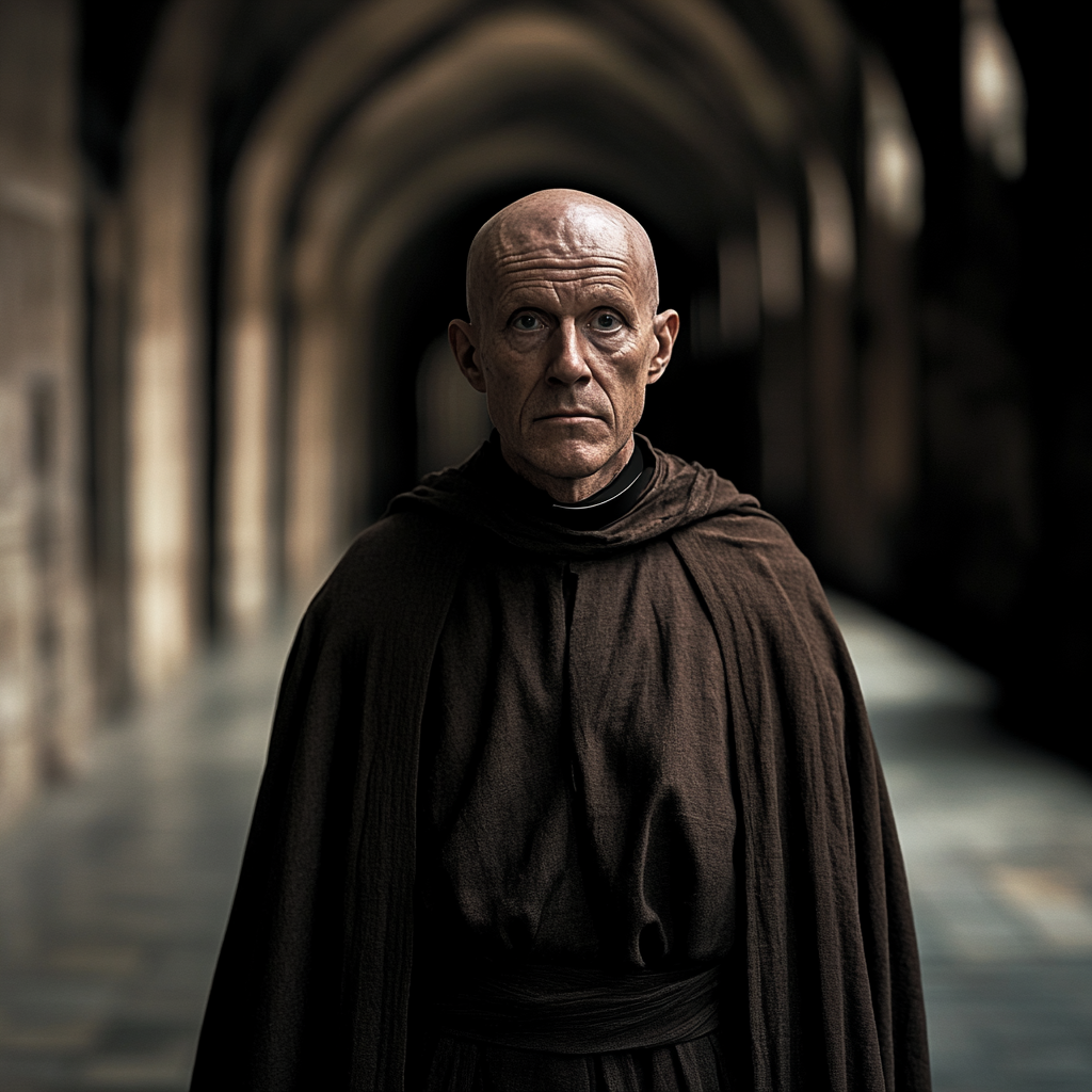 Tall, bald monk with wide-set eyes in monastery.