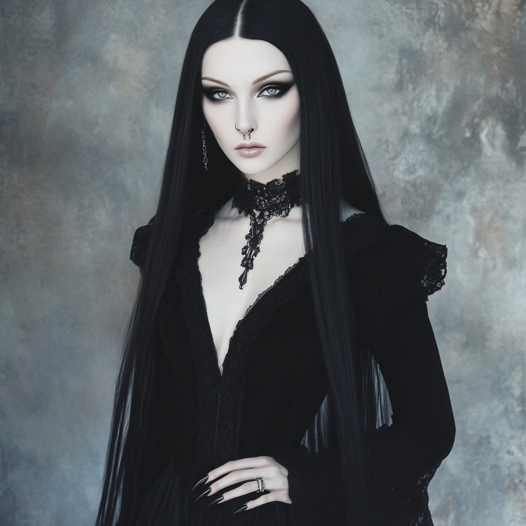 Tall, pale woman with silver eyes and sIlver nose ring, in long black dress and stiletto nails.