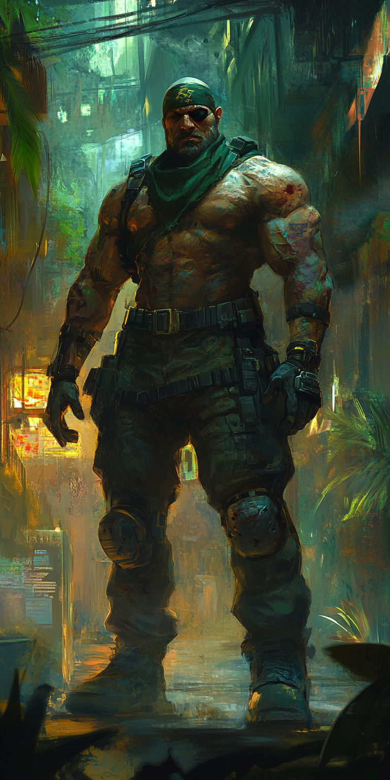 Tall, scarred gang boss in cyberpunk city.