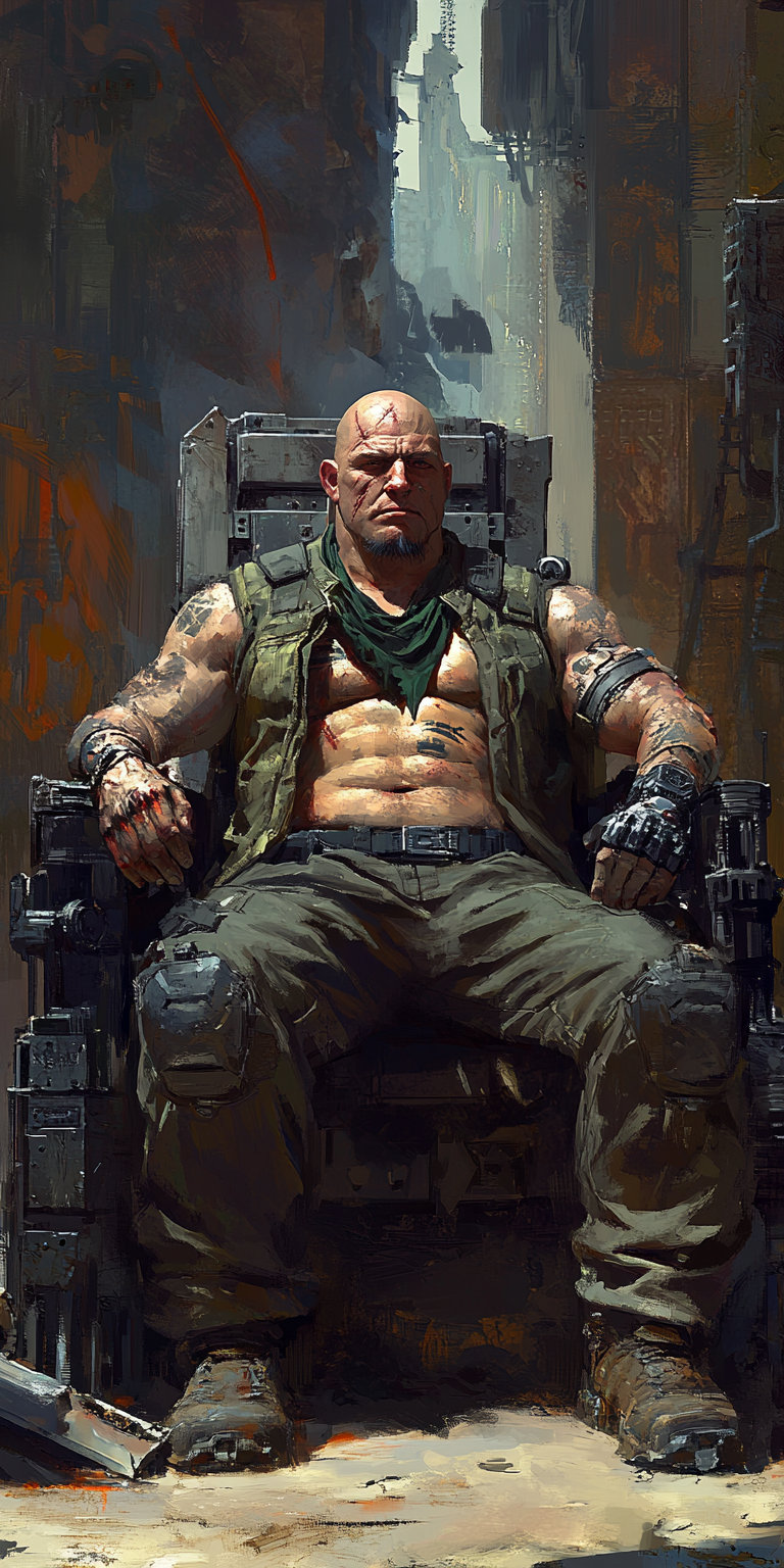 Tall, scarred gang boss in cyberpunk world sits proudly.