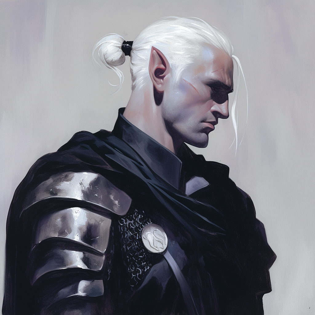 Tall, slim Drow male in black armor portrait.