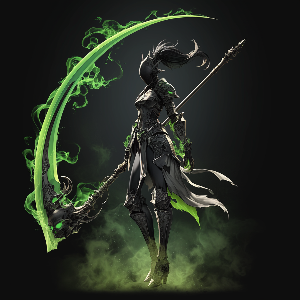 Tall, slim hellborn with green flame skull holds scythe, Unreal Engine 5.