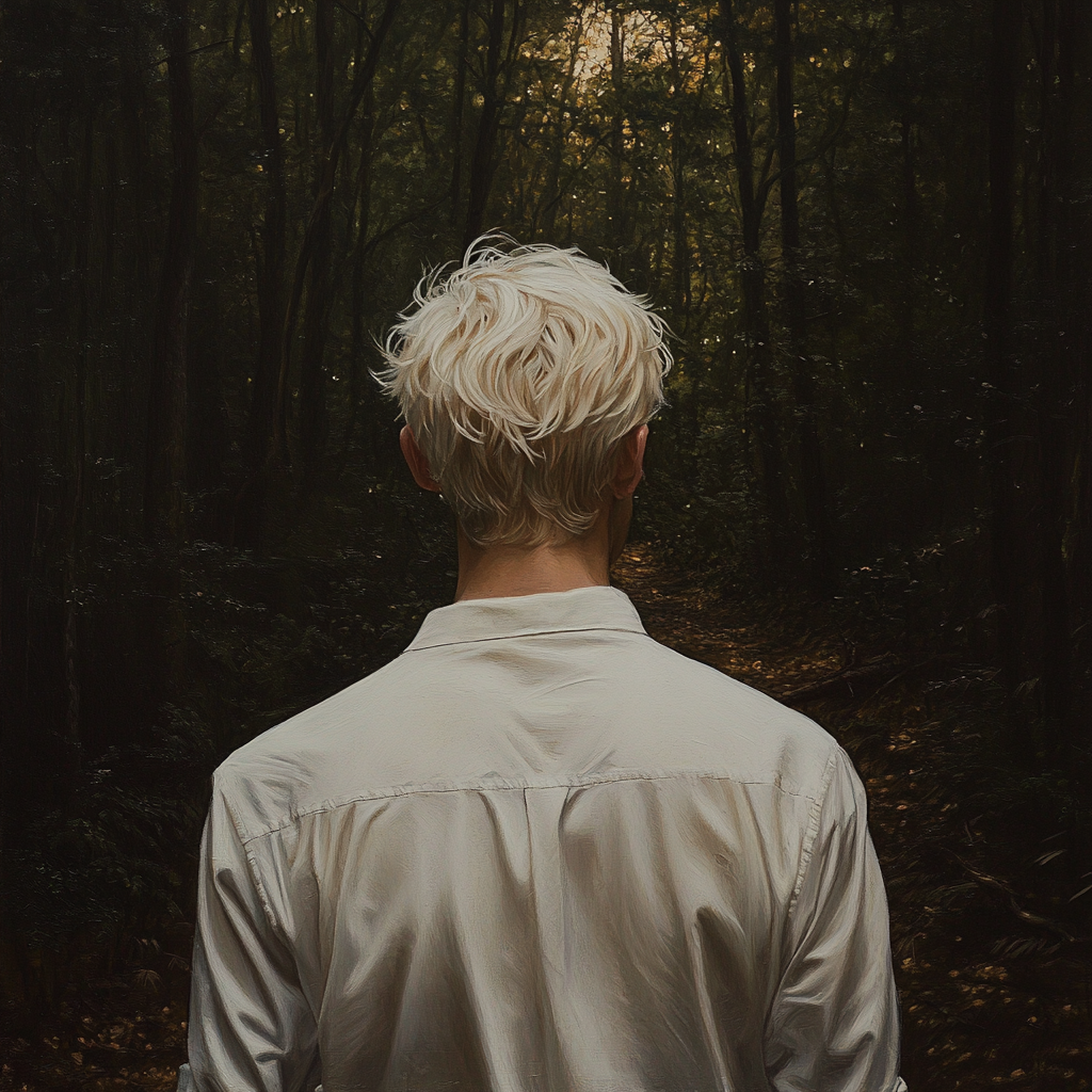 Tall, thin man with white hair in forest.