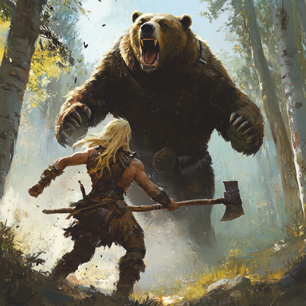 Tall Blonde Barbarian Running Towards Tall Angry Bear