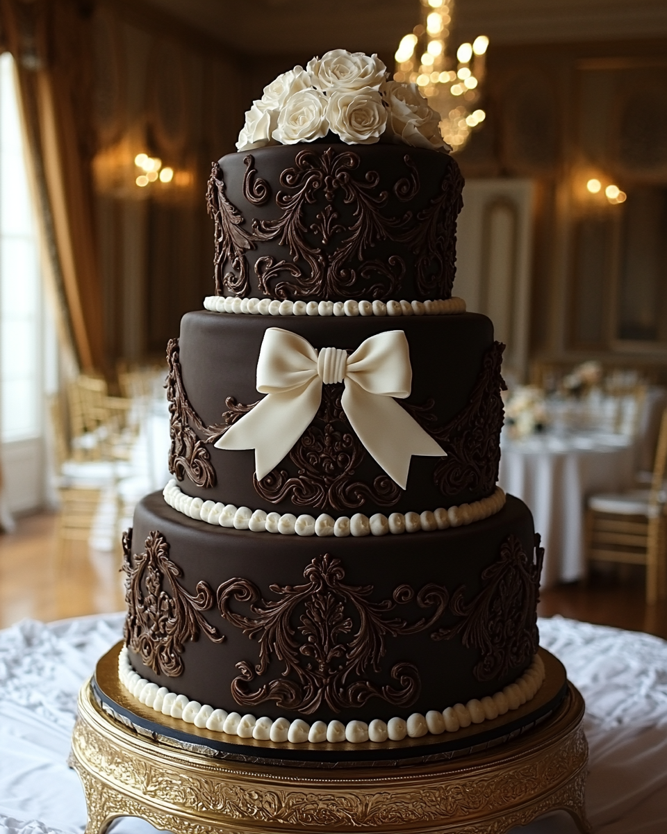 Tall Chocolate Victorian Wedding Cake in Ballroom