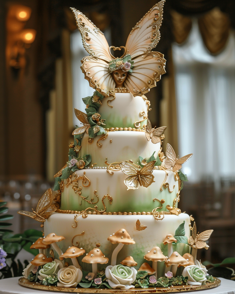 Tall Fantasy Wedding Cake with Fairy and Butterflies