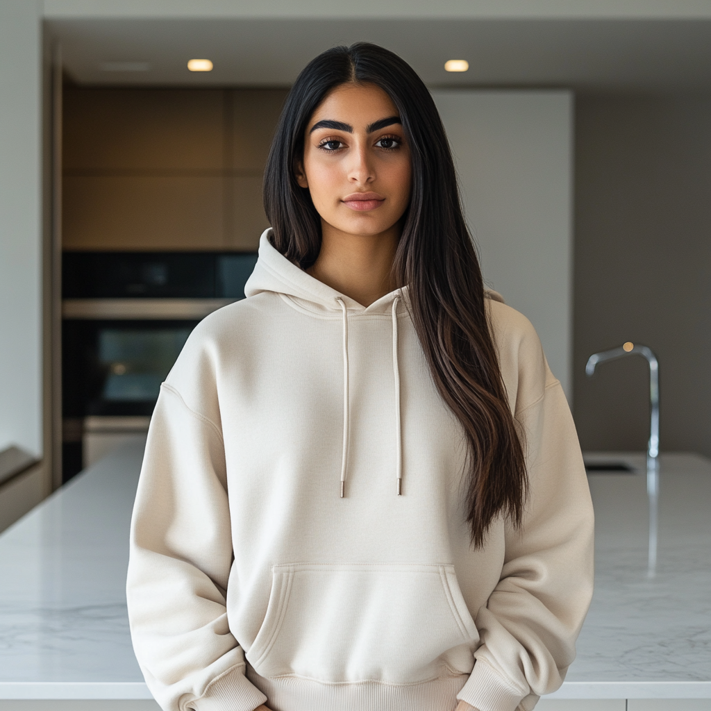 Tall Middle Eastern Female Model in Natural Gildan Hoodie