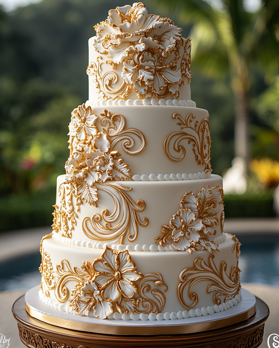 Tall Polynesian-themed Wedding Cake in Hawaii