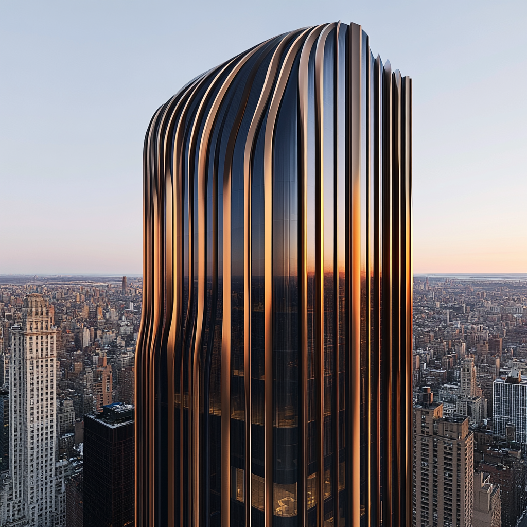 Tall copper skyscraper with waving façade reflects setting sun.