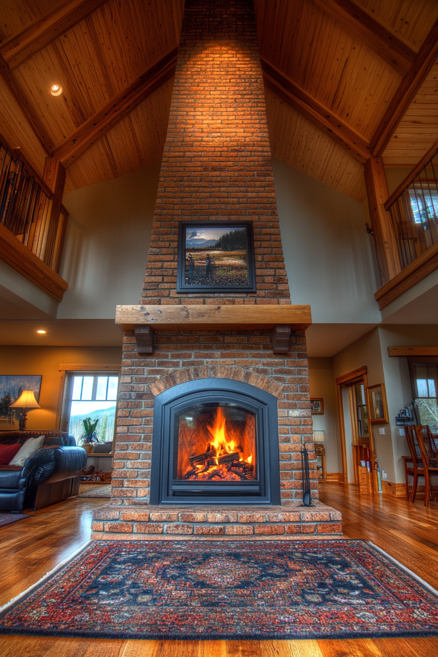 Tall farmhouse fireplace with elegant design and height.