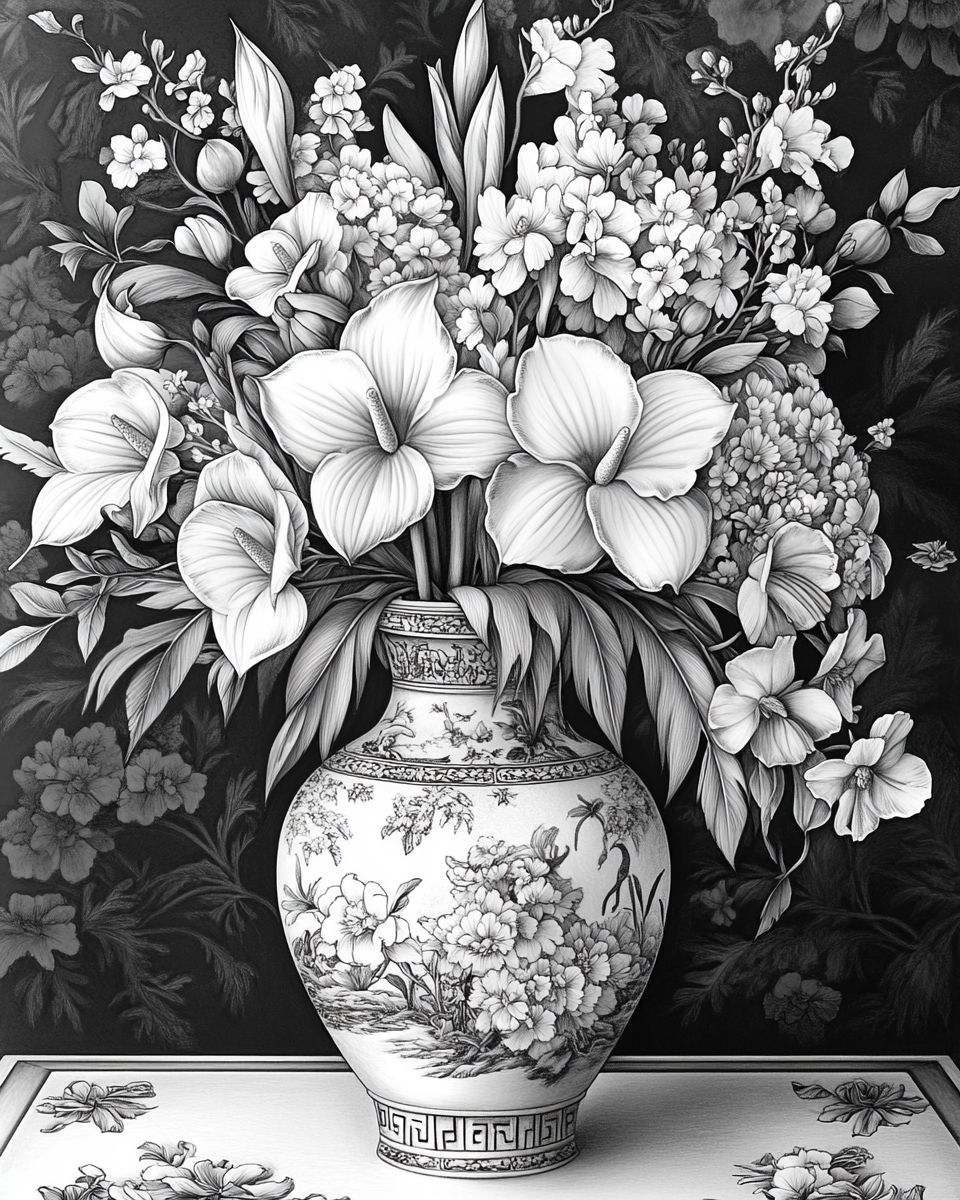 Tall flowers in Chinese vase on Victorian table