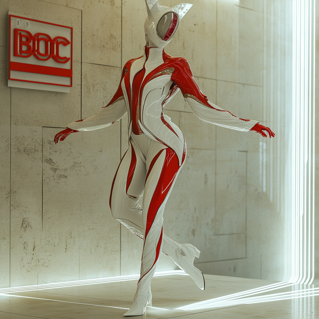 Tall futuristic dancer model in red and white