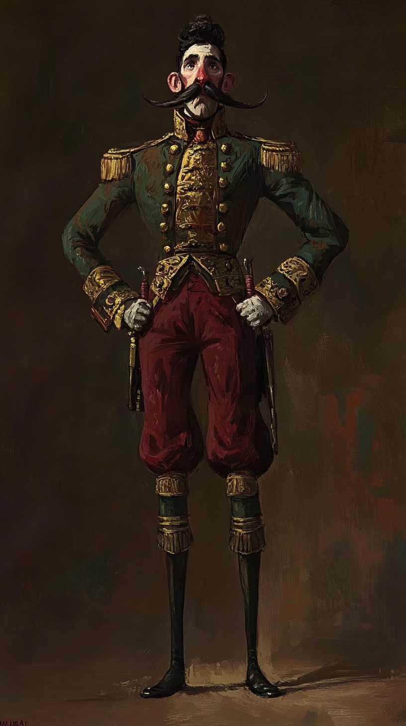 Tall man in ornate uniform holds warhammer.